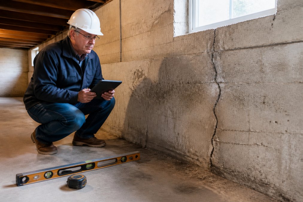 Structural engineer inspecting foundation cracks and damage with tablet and measuring tools in basement, natural light from small window