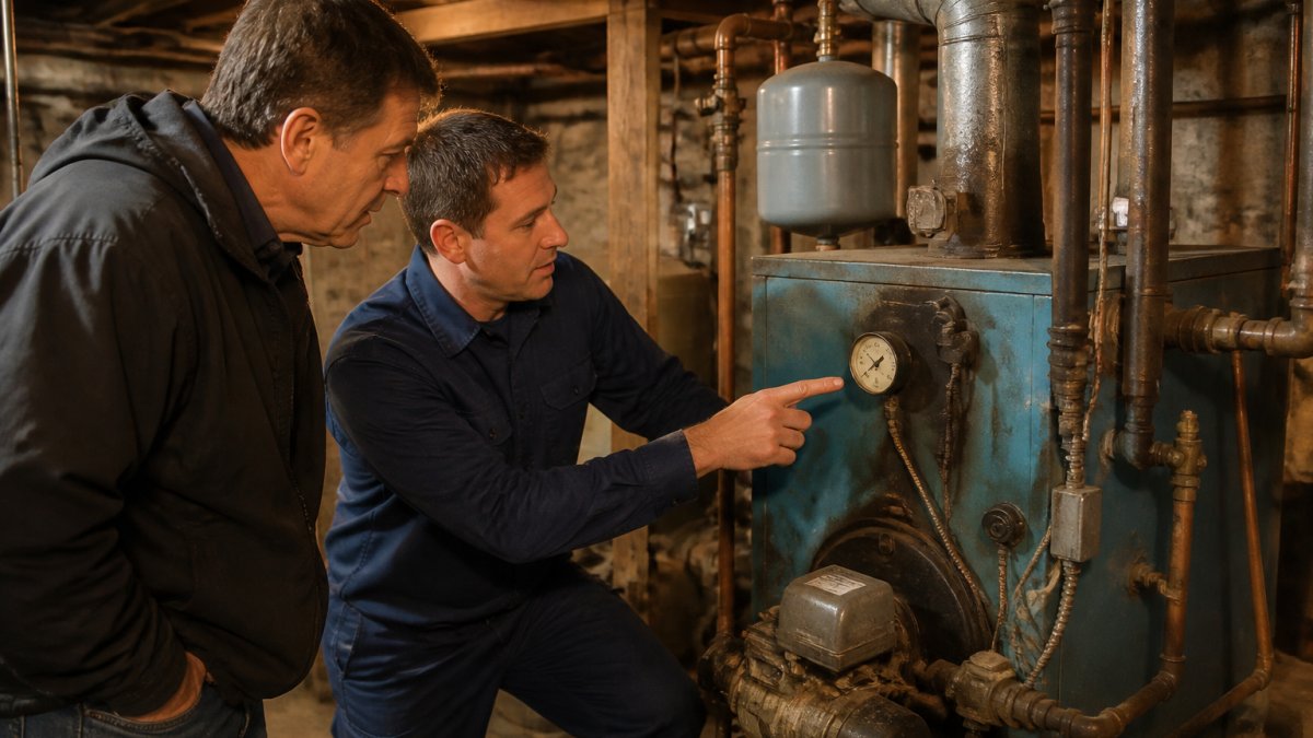 HVAC technician pointing to a pressure gauge on an old boiler while a concerned homeowner watches in a basement.