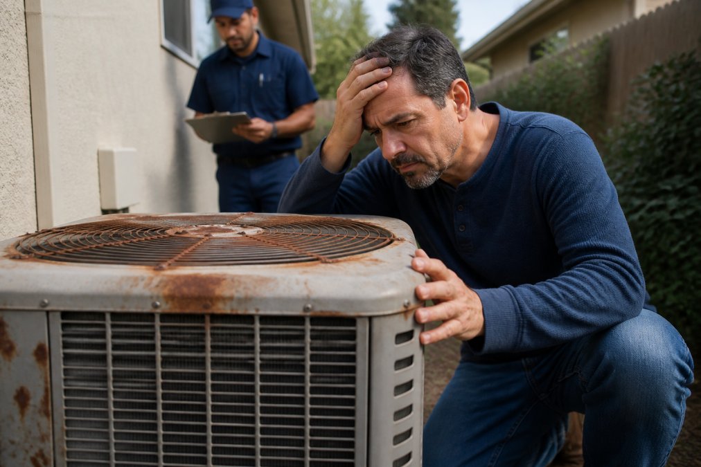 A homeowner looking concerned while inspecting an old, rusty HVAC unit in their backyard, with a technician in the background