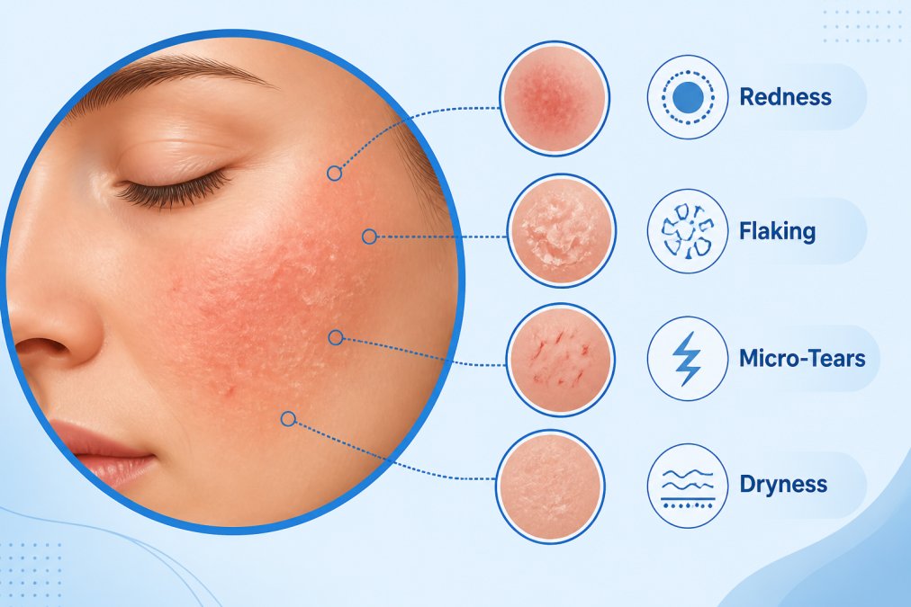 Close-up of skin showing visible signs of irritation with redness, flaking, and micro-tears on the cheek area under natural lighting