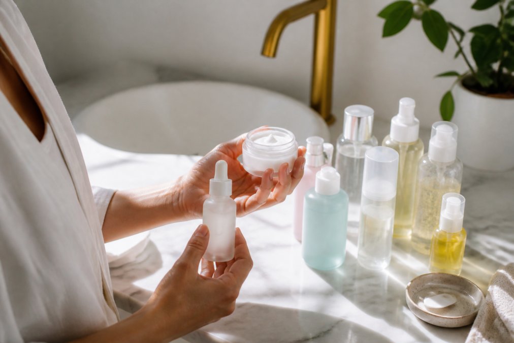 Person's hands holding a lightweight serum and cream, demonstrating the layering process with clean, minimalist skincare products on a bathroom counter with natural lighting