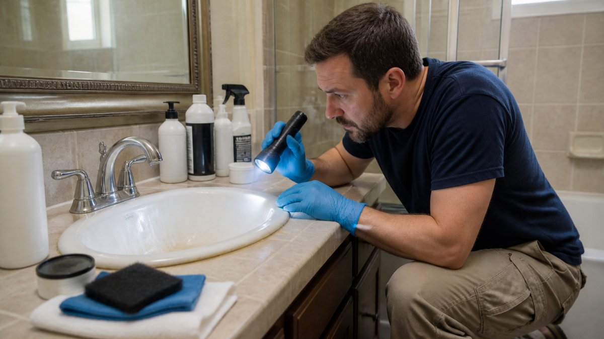 A homeowner in casual clothes kneeling beside a bathroom sink, inspecting the basin and surrounding tile with a flashlight, cleaning supplies nearby on the counter
