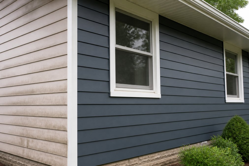 Residential home exterior showing freshly painted aluminum siding in modern color with restored shine and uniform appearance, contrasting with faded unpainted sections visible on adjacent wall