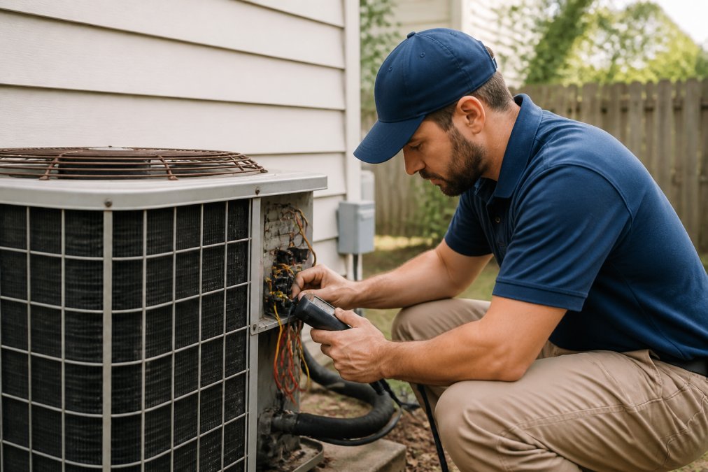 A certified HVAC technician in a branded uniform crouching beside an older outdoor AC condenser unit in a residential backyard, using a digital diagnostic tool to examine the refrigerant lines in afternoon sunlight