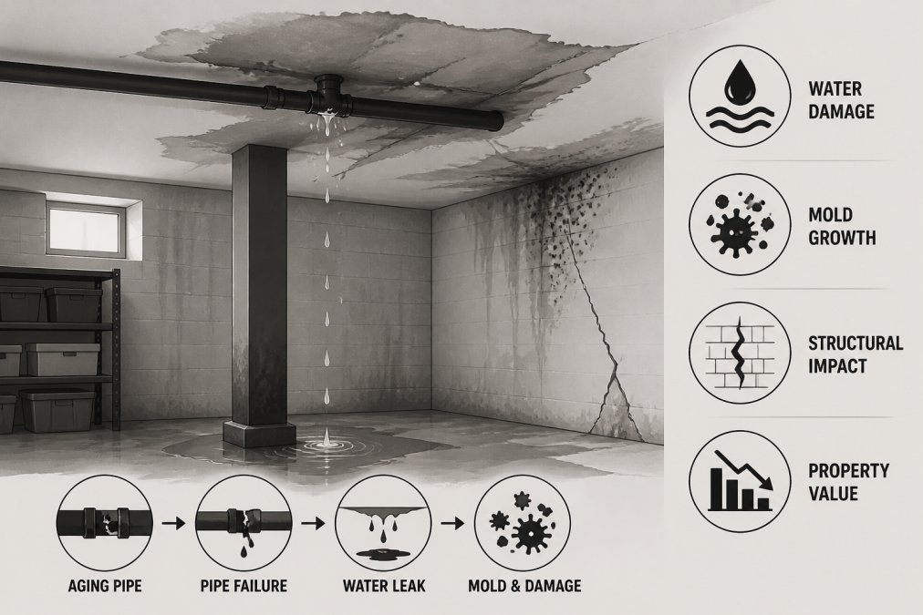 Repair vs. Replace Old Plumbing: A Homeowner's Guide 2 Water damage visible on basement ceiling with staining and moisture, showing structural impact of pipe failure and potential mold growth
