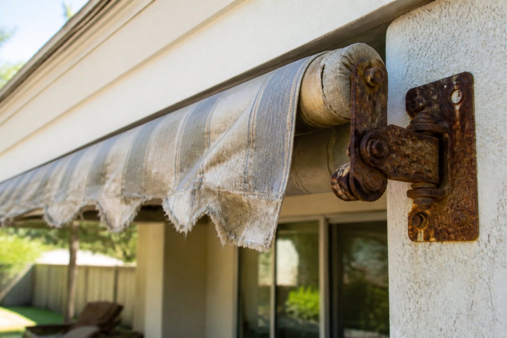 Infographic showing signs of wear like frayed fabric and rust to guide your repair vs replace awning decision.