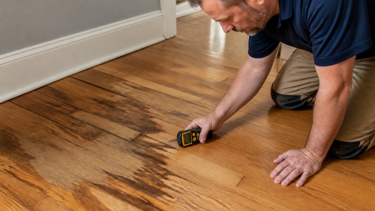 Professional examining hardwood floor showing water stains, cupping, and discoloration with moisture meter held against wood surface in natural light