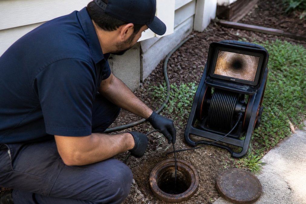 Professional plumber inserting flexible sewer camera equipment into cleanout access point while monitoring live video feed on portable screen at residential property