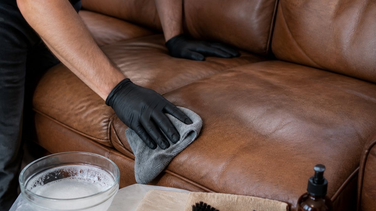 Close-up of a person's hands using a soft cloth to gently clean a leather sofa cushion, with a small bowl of soapy water nearby