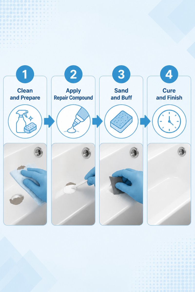 Flowchart showing the 4-step process for repairing chipped bathtub enamel: 1. Clean and prepare, 2. Apply repair compound, 3. Sand and buff, 4. Cure and finish