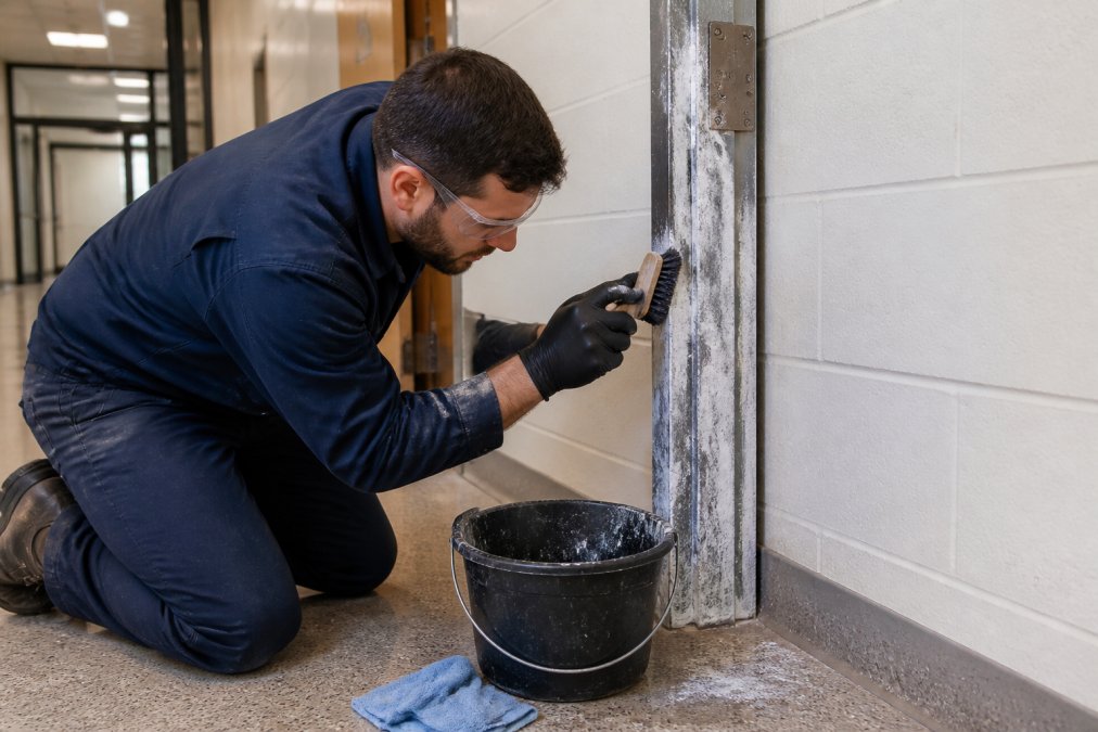 Technician scrubbing white powder off corroded aluminum door frames with a stiff brush and cleaning solution