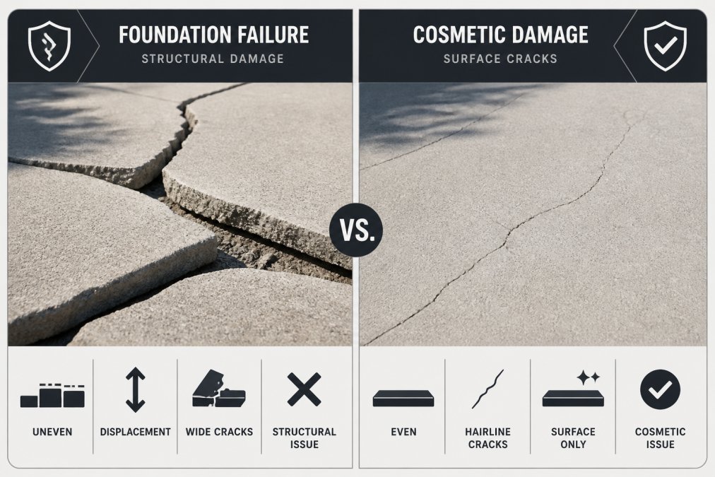 Close-up of a concrete patio slab with wide, uneven cracks and visible displacement between sections, showing clear structural damage compared to hairline surface cracks, photographed in bright afternoon sunlight
