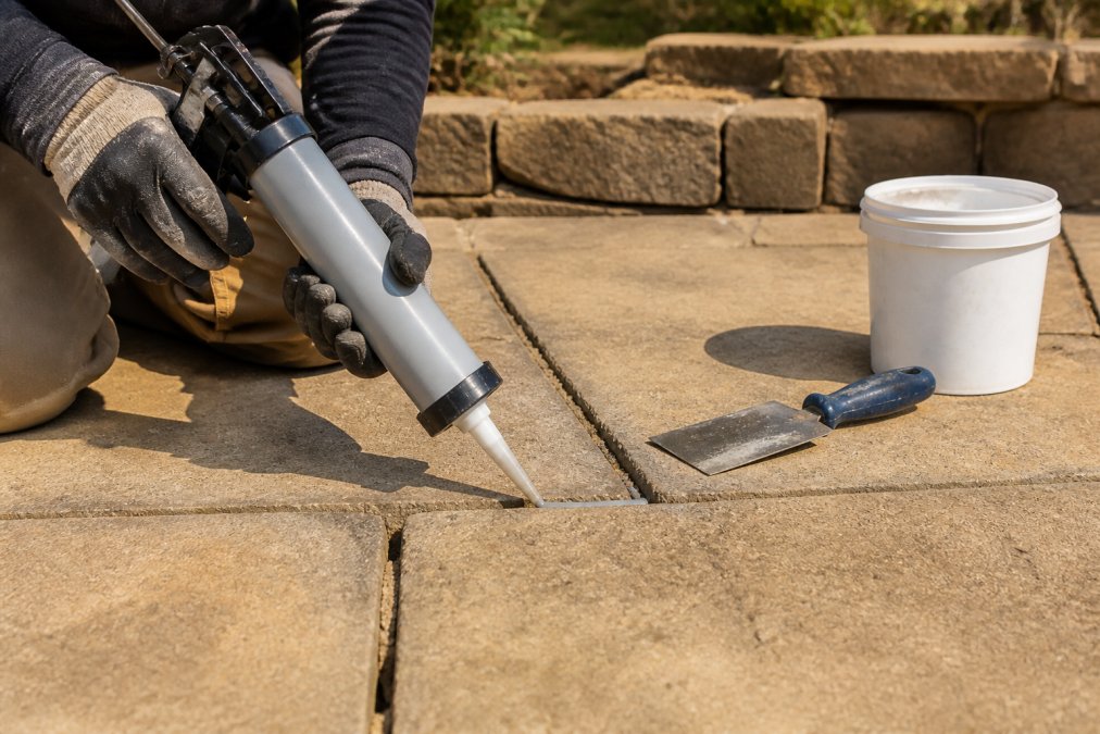 Hands wearing work gloves applying crack filler from a caulk gun into a joint between concrete patio pavers outdoors, with repair materials and a trowel resting on the stone surface nearby in warm afternoon light