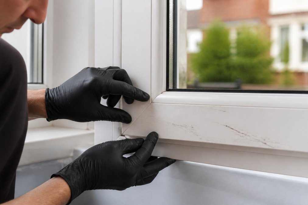Close-up photograph of a technician's gloved hands inspecting a white uPVC window frame with visible surface scratches and scuff marks, natural daylight from the window, clean residential setting