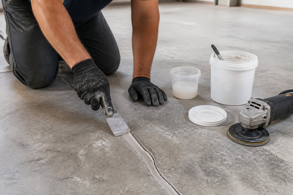 Professional technician using a putty knife to apply low-viscosity epoxy filler into a hairline crack in a concrete floor, with grinding dust visible and repair materials including mixed epoxy containers and applicator tools arranged nearby on the work surface