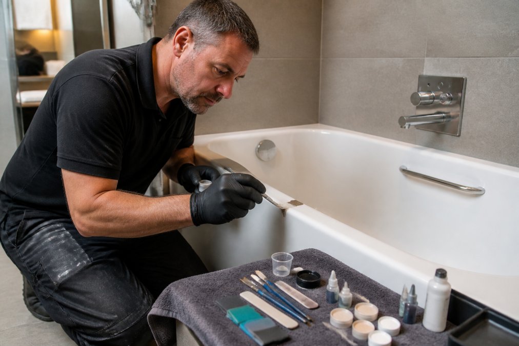 A technician in work clothing carefully applying a refinishing compound to a chipped white hotel bath, with repair tools and colour-matching materials laid out neatly on a towel beside the tub, photographed under bright bathroom lighting