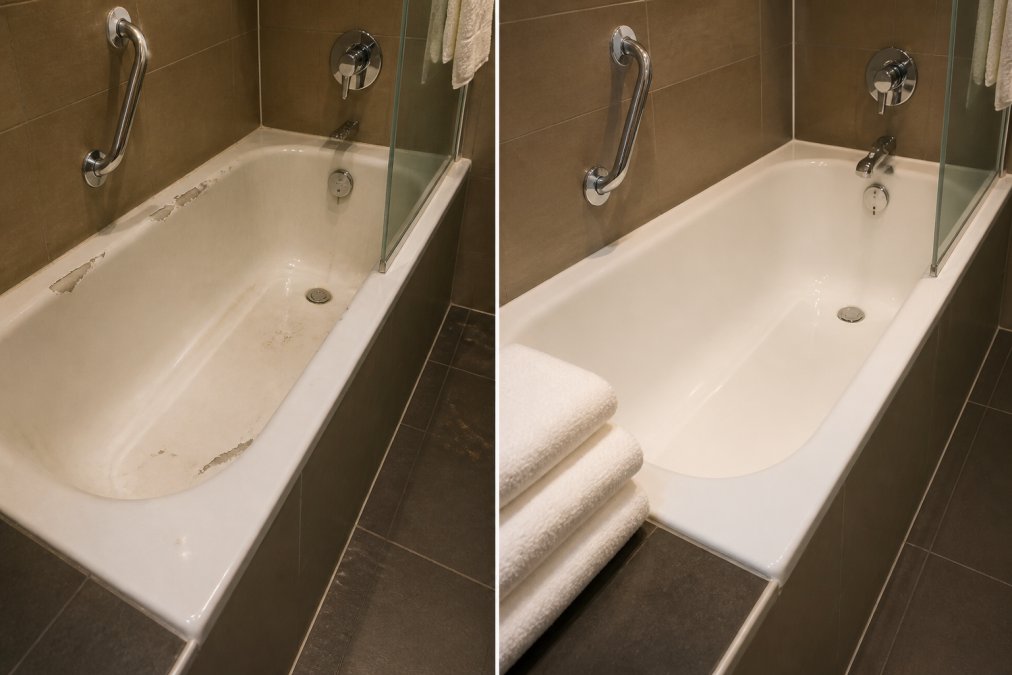 A freshly repaired hotel bathroom with a gleaming white bath, clean tiles and chrome fittings, looking guest-ready with neatly folded white towels placed on the side of the tub, photographed under warm bathroom lighting