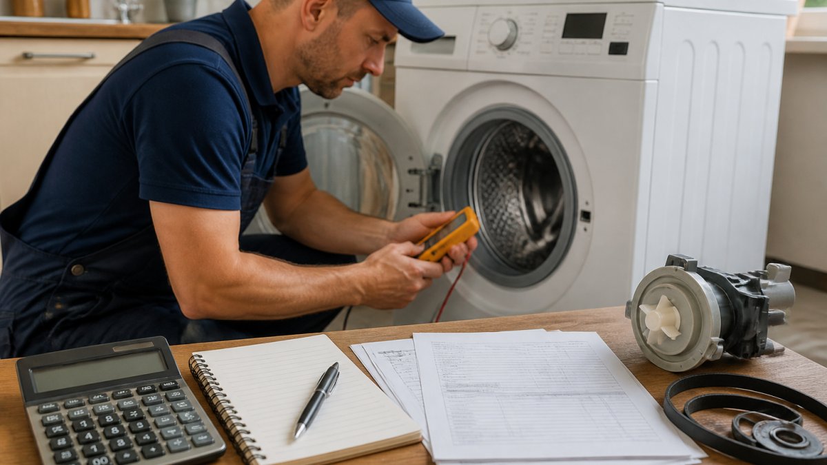 Professional technician in uniform examining a washing machine with diagnostic tools, spare parts visible on workbench with natural workshop lighting