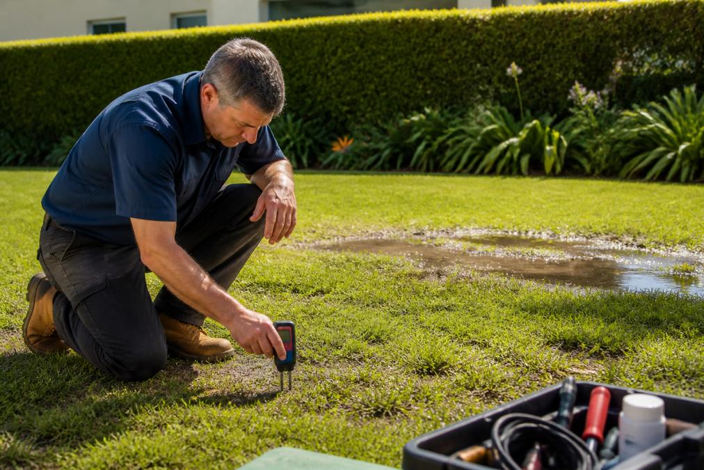 A homeowner crouching near a wet patch of grass in a suburban garden, using a moisture meter to test soil dampness, with water pooling visible in the background on a sunny afternoon