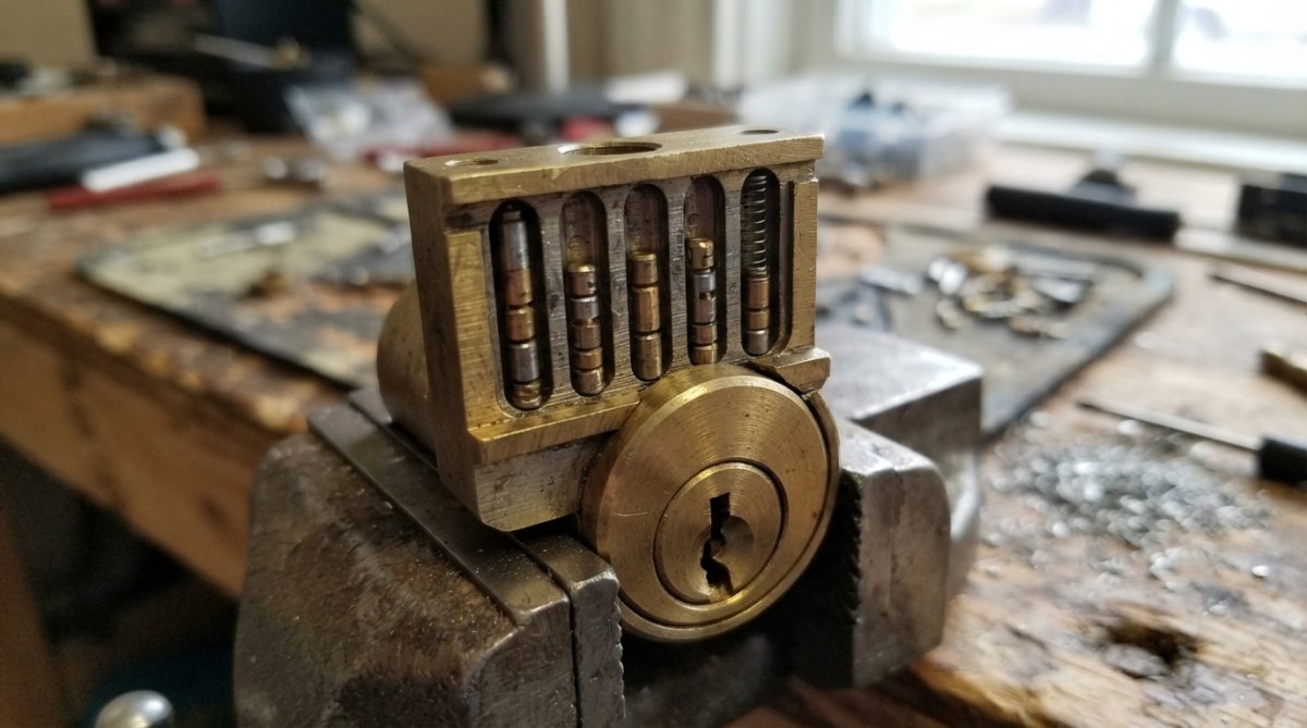 Close-up of master key cylinder with visible pin stacks, showing internal mechanical components, keyway structure, and various pins of different heights arranged in the lock body