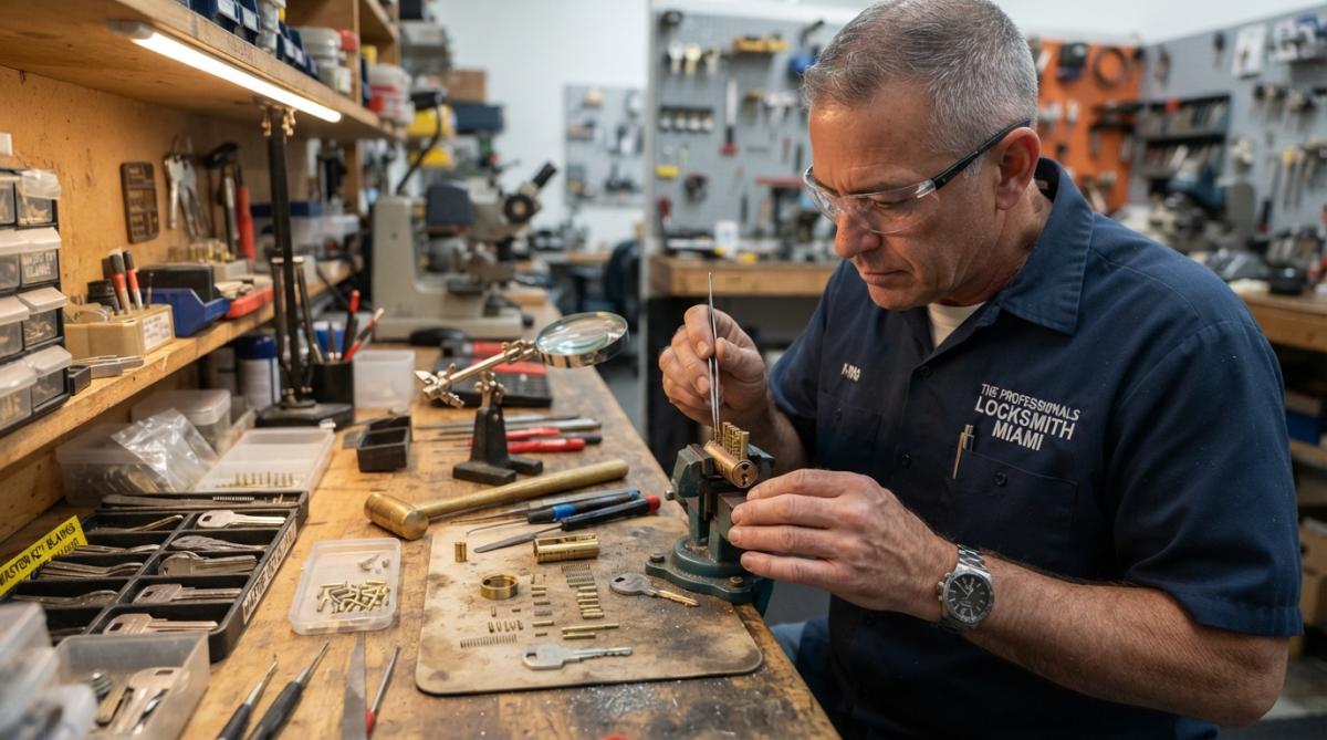 Professional locksmith technician working on lock mechanism at workbench with specialized tools, magnifying glass, key blanks, and pin stacks visible under task lighting