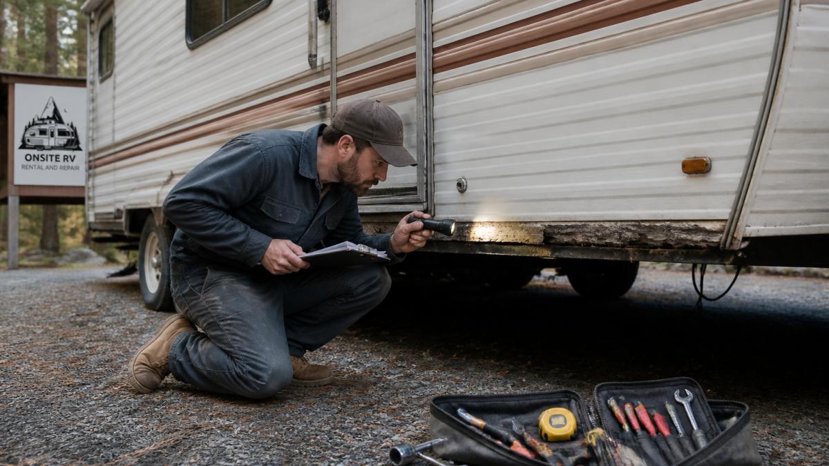 A person in work clothes crouching beside an older travel trailer, inspecting the lower side panel with a flashlight and notepad, tools resting on the ground nearby