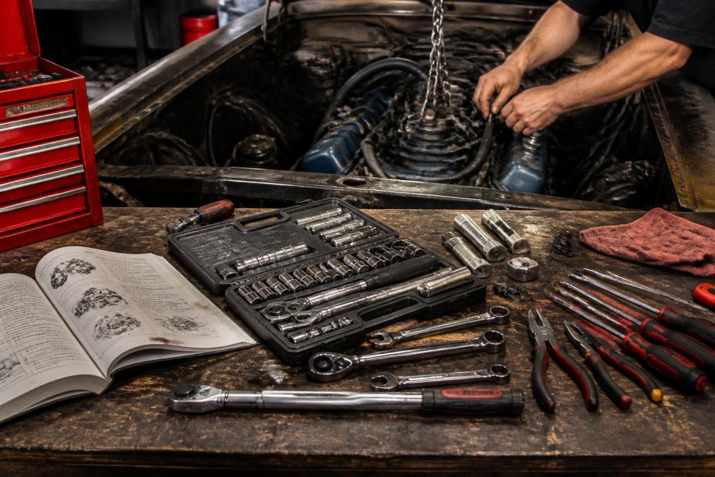 Organized mechanic's workbench with socket sets, wrenches, screwdrivers, pliers, torque wrench, and service manuals spread out, hands working on truck engine components under bright shop lighting