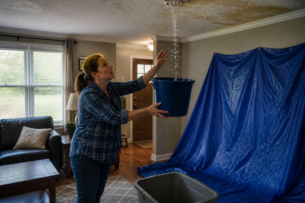 Homeowner placing buckets and tarps under active ceiling leak in living room with natural light coming through window
