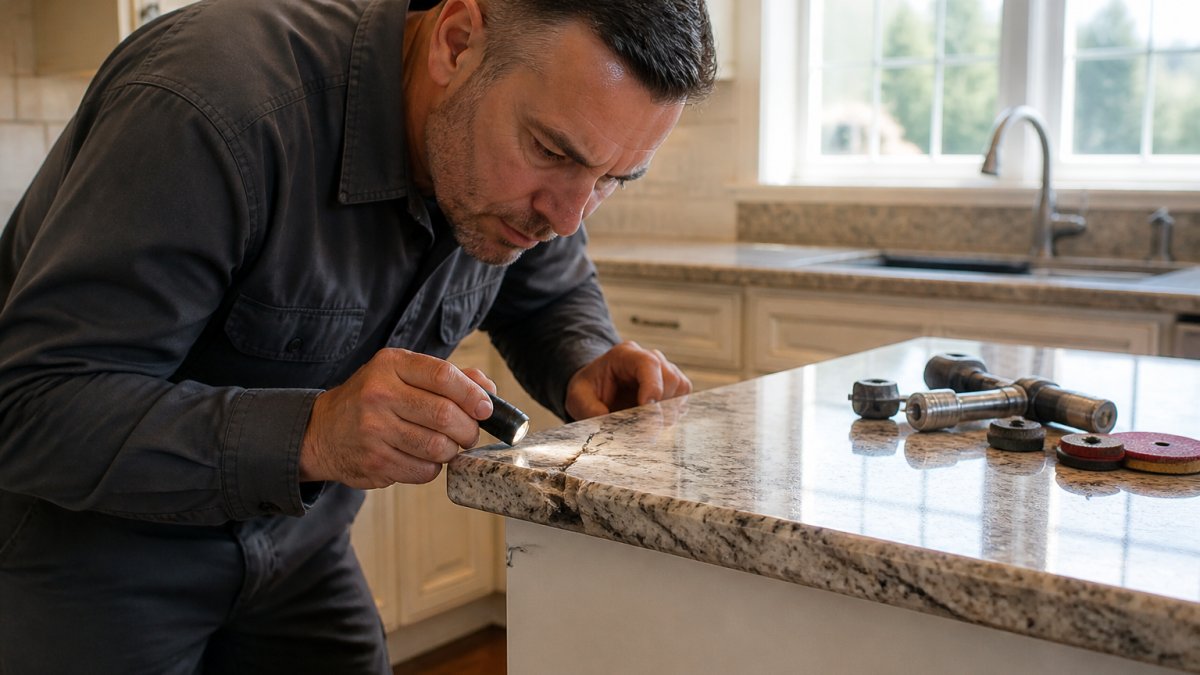 Close-up of a stone restoration specialist in work clothes carefully inspecting a granite kitchen countertop with a small crack and a chipped edge, natural window light, tools laid out nearby