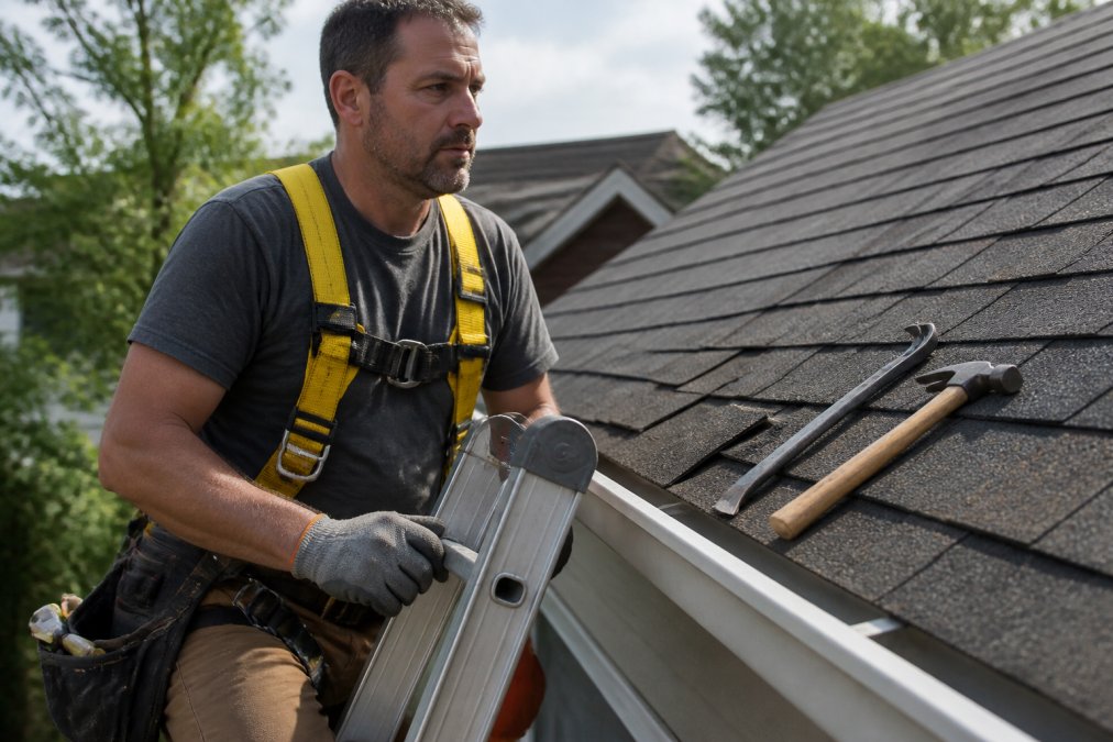 Homeowner in a safety harness using a pry bar and hammer while repairing wind damaged asphalt shingles yourself