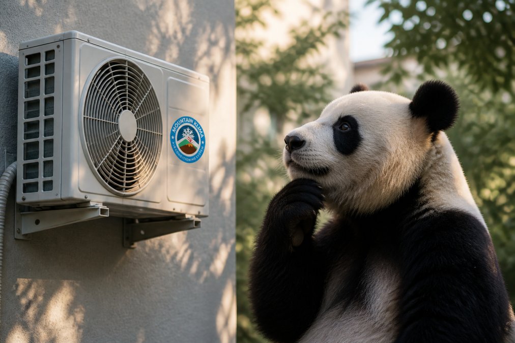 Un oso panda observando una unidad de aire acondicionado split en una pared, con expresión curiosa e inquisitiva, luz natural de la tarde