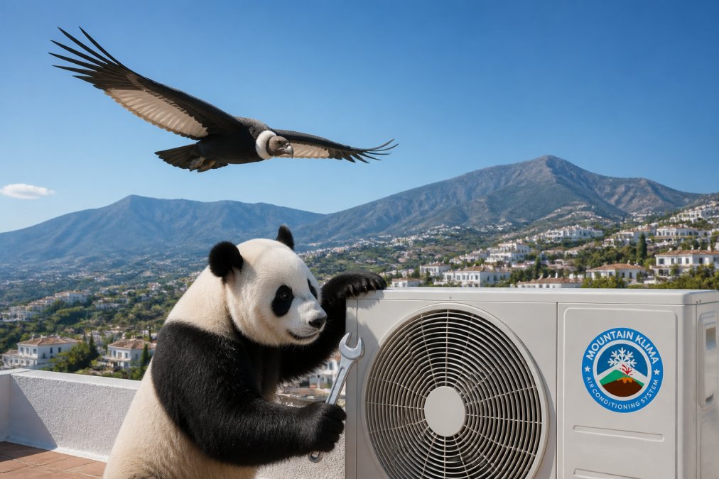 Un cóndor andino volando cerca de una unidad de aire acondicionado exterior en una azotea, representando vigilancia y cuidado preventivo, cielo azul de fondo