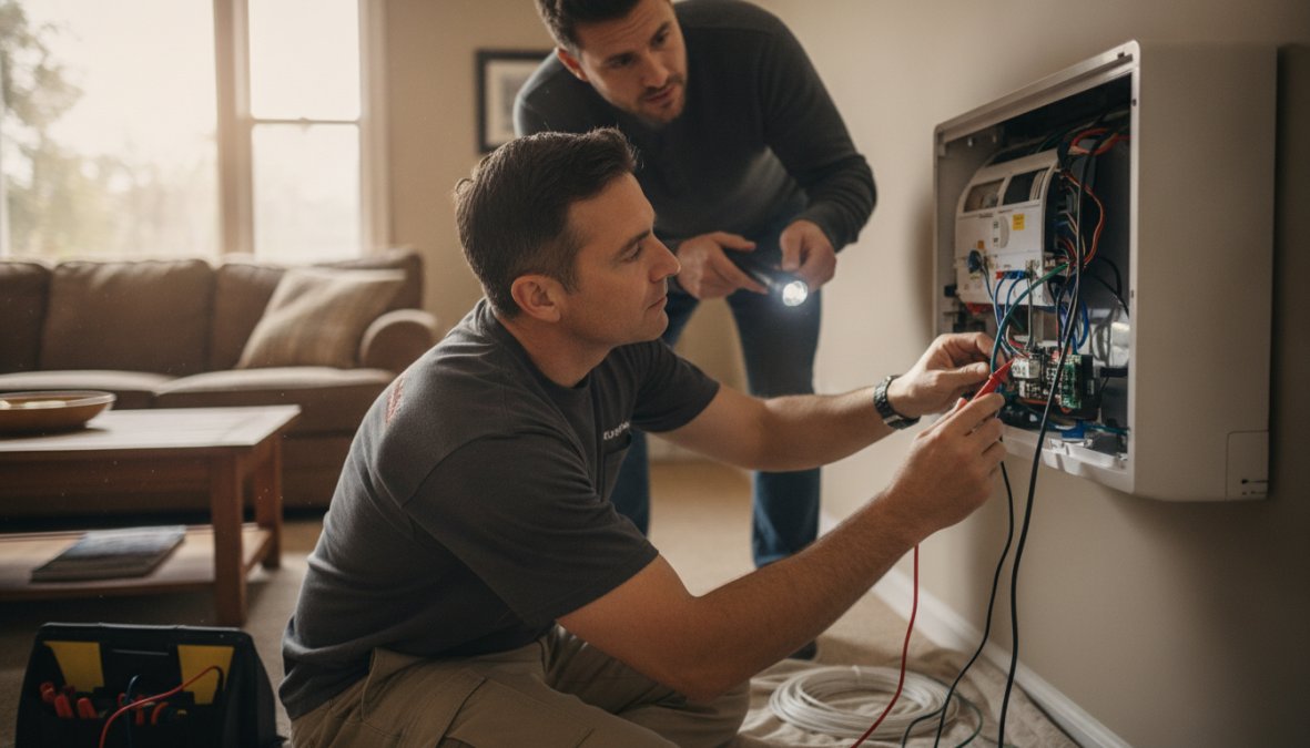 Técnico certificado inspeccionando la unidad interior de aire acondicionado, revisando conexiones eléctricas y el termostato con equipos de diagnóstico profesionales