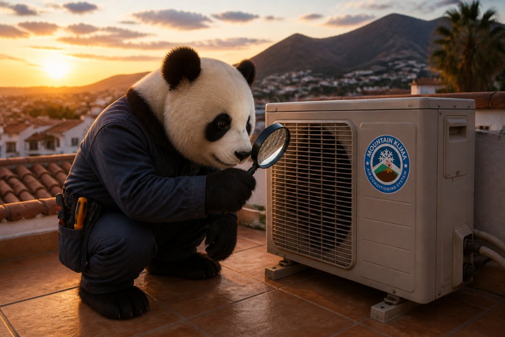Un panda curioso e ingenioso inspeccionando una unidad de aire acondicionado exterior con una lupa en sus patas, bajo la luz del atardecer en una terraza mediterránea