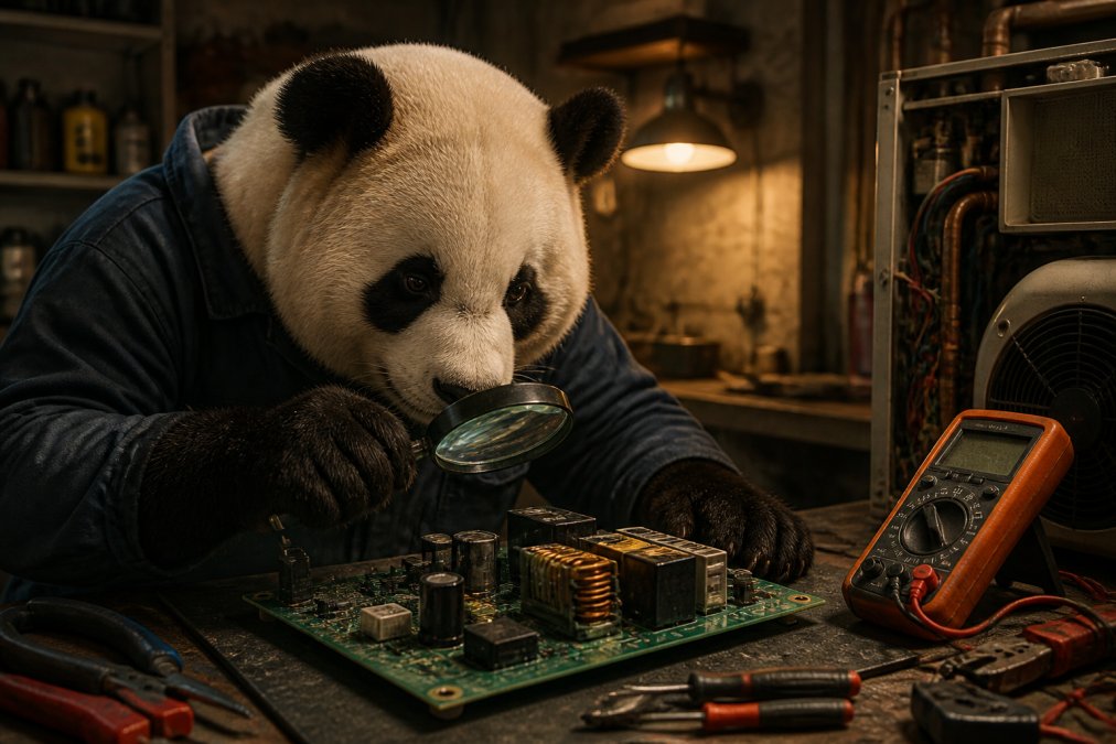Un oso panda con mono de trabajo examinando con una lupa una placa de circuito impreso de un aire acondicionado sobre una mesa de taller, con herramientas de precisión y un multímetro al lado, iluminación cálida de taller, estilo cinematográfico