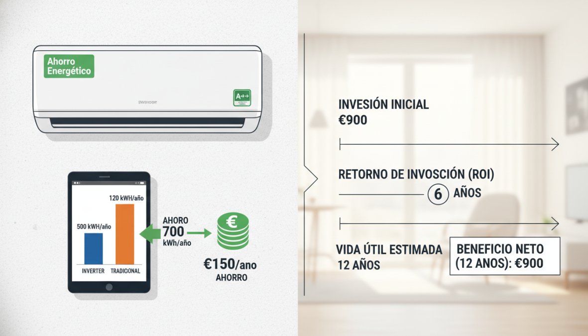 Aire acondicionado split de alta eficiencia energética montado en pared blanca en un apartamento español soleado, con etiqueta energética visible en la unidad y una tableta mostrando datos de consumo eléctrico sobre una mesa cercana