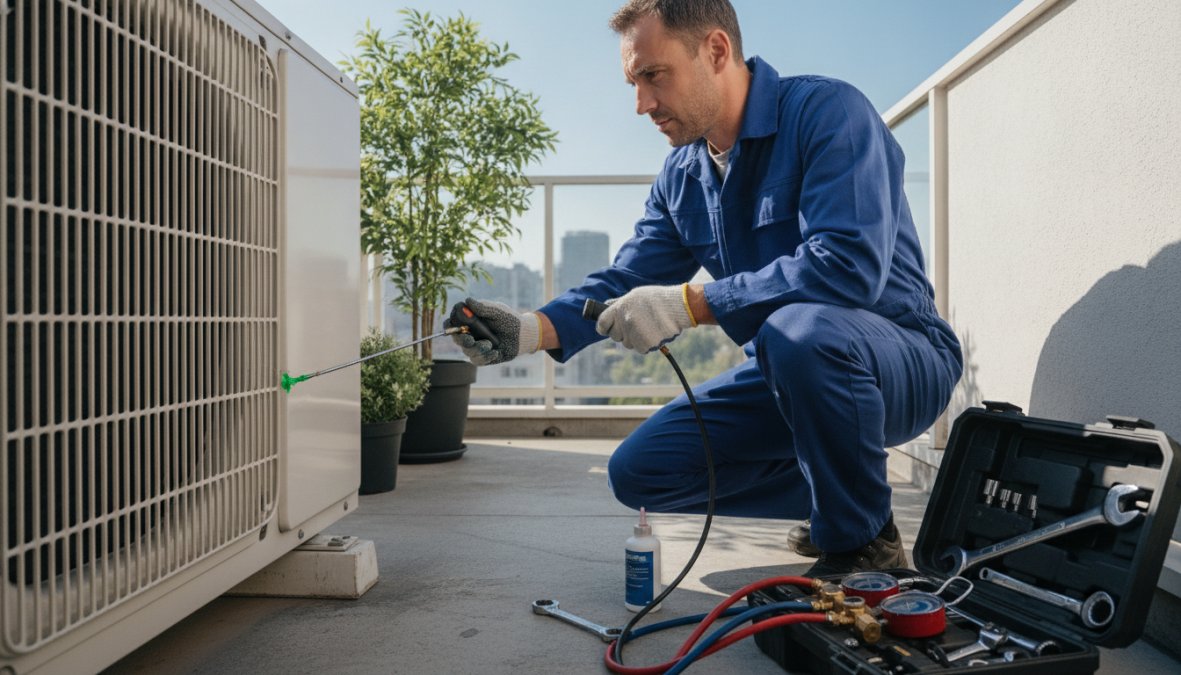 HVAC technician in navy blue uniform kneeling beside a white outdoor split unit, carefully applying soapy water with a small brush to copper pipe connections and brass fittings, with a toolbox open on the ground beside him on a sunny residential patio