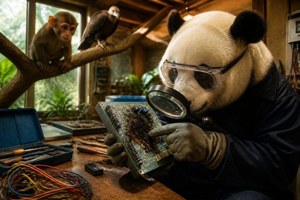 Un oso panda con gafas de protección y guantes sostiene una placa electrónica de aire acondicionado bajo una lupa, señalando con un dedo un componente quemado; al fondo, un mono curioso observa desde una rama junto a un cóndor posado, en un taller luminoso con herramientas y cables ordenados