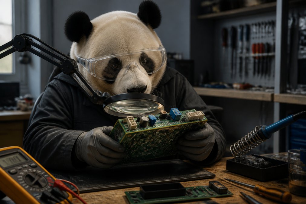 Un oso panda con gafas de protección y guantes sostiene una placa electrónica de aire acondicionado bajo una lupa de taller, con un multímetro y un soldador sobre la mesa de trabajo en un taller limpio y bien iluminado