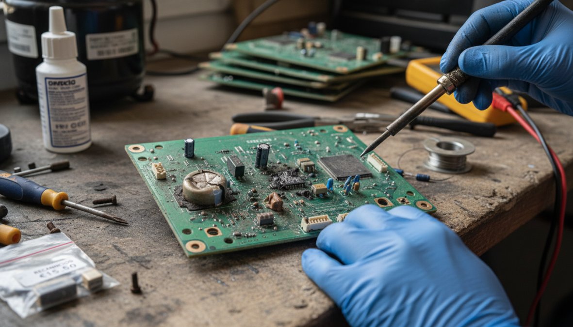 Close-up of a technician's hands inspecting a green circuit board from an air conditioning unit under bright workshop lighting, with soldering tools and electronic components arranged neatly on the workbench beside them