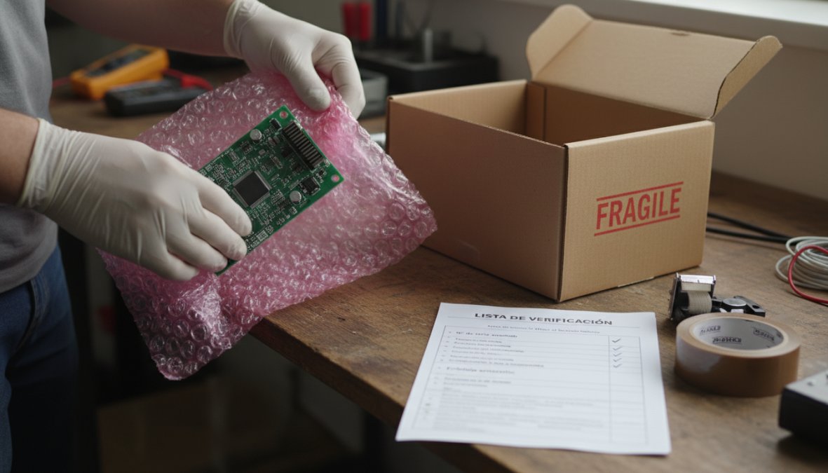 A person carefully wrapping a green circuit board in anti-static bubble wrap inside a cardboard box, with a printed checklist, packing tape, and a marker pen arranged on a wooden table beside them, under warm indoor lighting