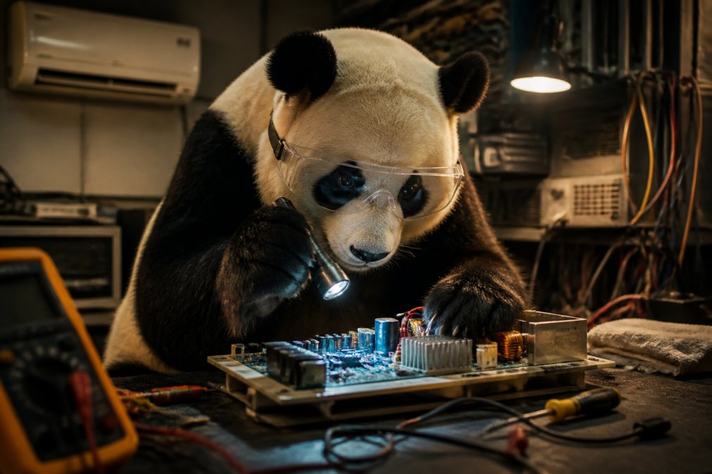 Un oso panda con gafas de seguridad examina con una linterna una placa electrónica de aire acondicionado sobre una mesa de taller, con cables y herramientas alrededor