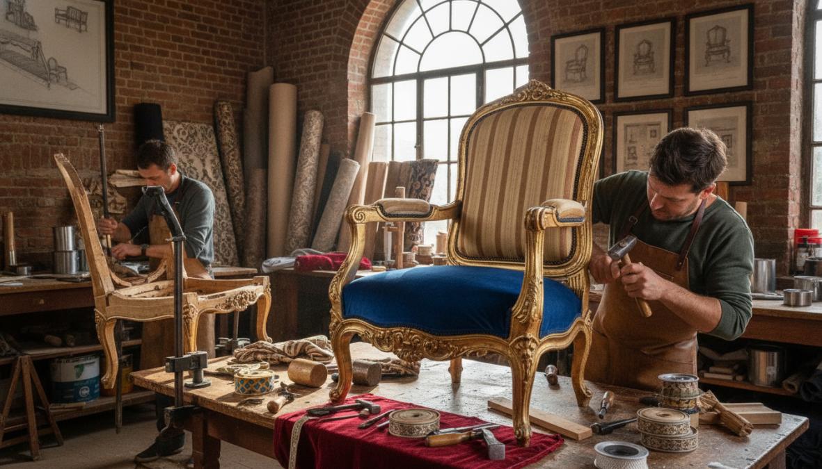 Handwerkliche Restaurierung eines eleganten Barockstuhls in einer professionellen Werkstatt, mit sichtbarem Werkzeug, Polstermaterial und Holzoberflächen unter warmem Licht, Handschuhe und Fachkompetenz erkennbar