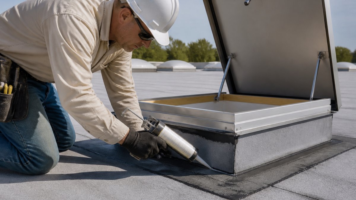 Contractor applying sealant and flashing during a commercial roof hatch installation process