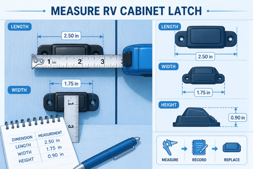 Close-up of measuring tape and ruler positioned against an RV cabinet latch showing length, width, and height dimensions being recorded on a notepad