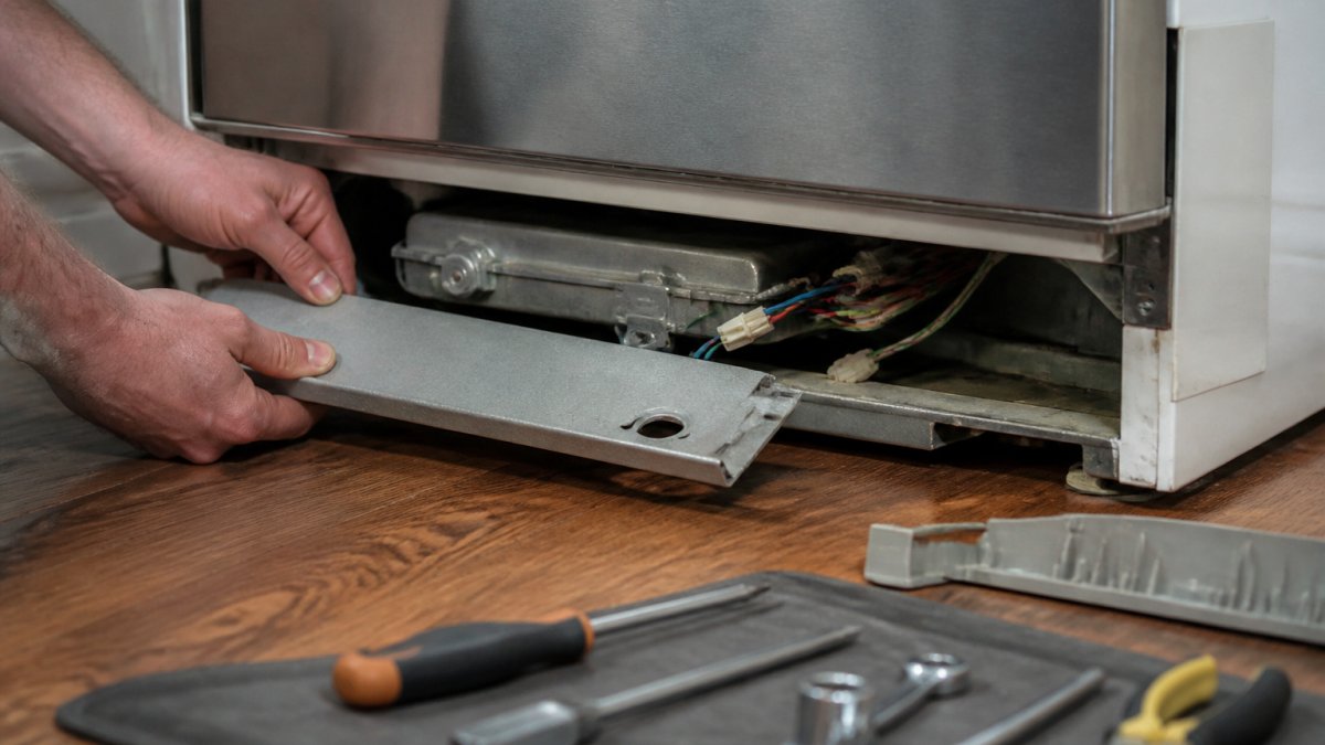 Technician's hands removing the lower access panel from a dishwasher, revealing the heating element and wire connectors clearly visible underneath the tub