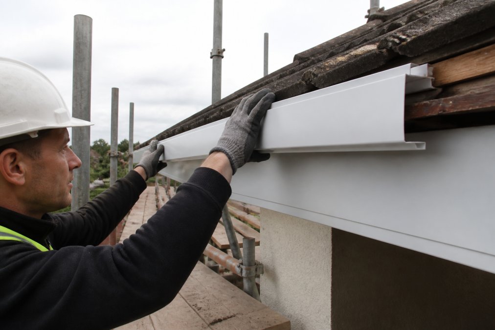Roofer in gloves installing a new uPVC board to replace fascias along the house eaves from scaffolding