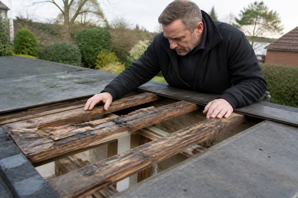 Professional roofer carefully inspecting the flat roof deck structure, checking timber joists and substrate for water damage, rot, and deterioration before EPDM installation begins, with natural daylight illuminating the inspection area
