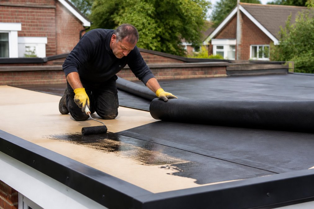 Experienced roofer applying black contact adhesive to the roof substrate using a paint roller, then carefully laying and smoothing the EPDM rubber membrane across the flat garage roof surface, bonding it firmly to create a seamless waterproof layer