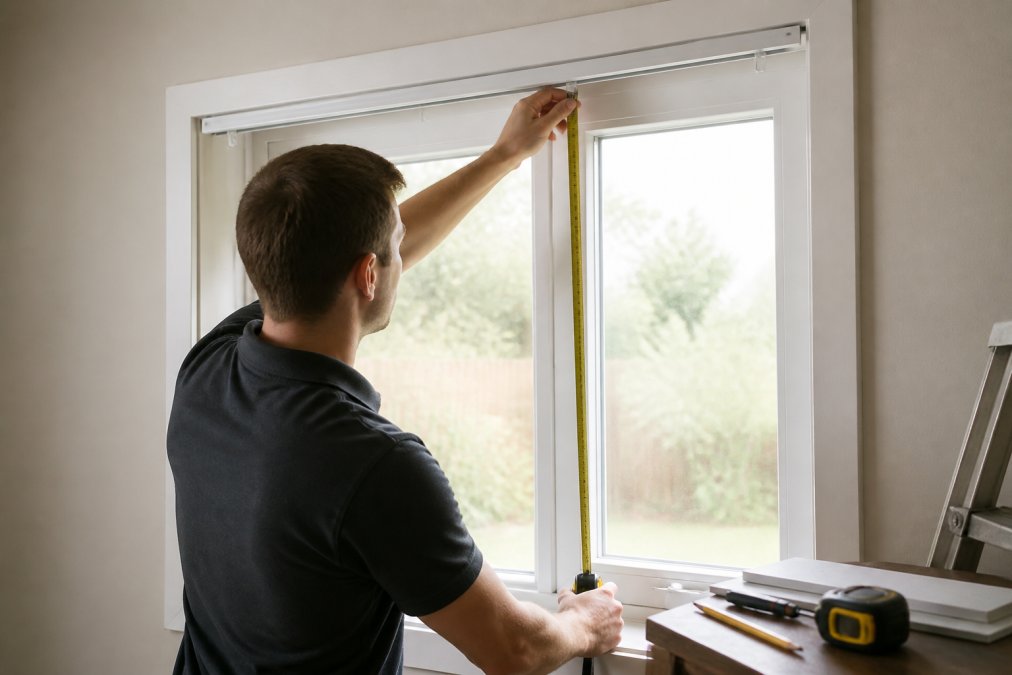 Homeowner using a steel tape measure against a window frame to measure width and drop length, with vertical blind headrail visible at the top, natural daylight from window